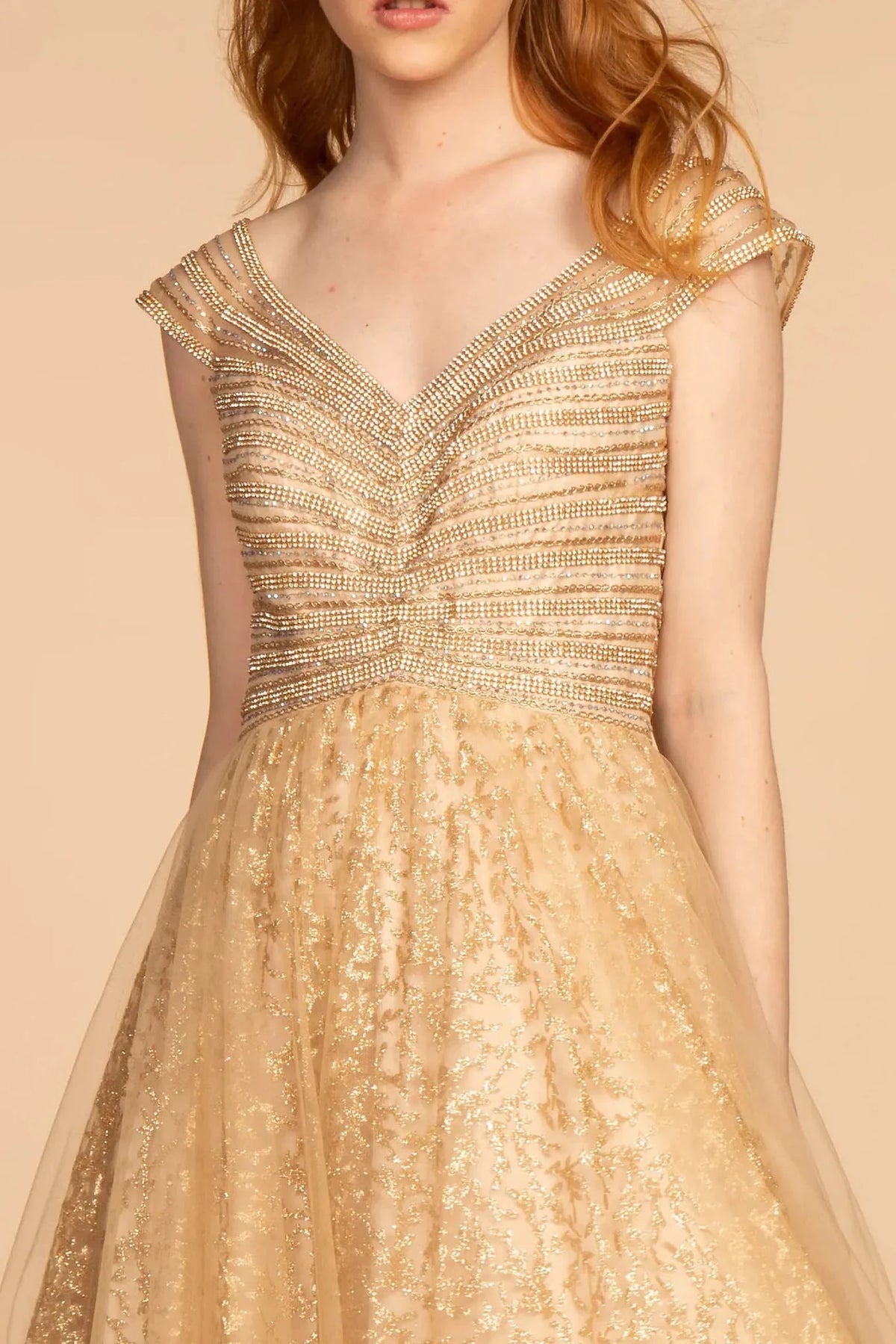 Gold v-neck prom evening dress upper front with glitter, jewel
