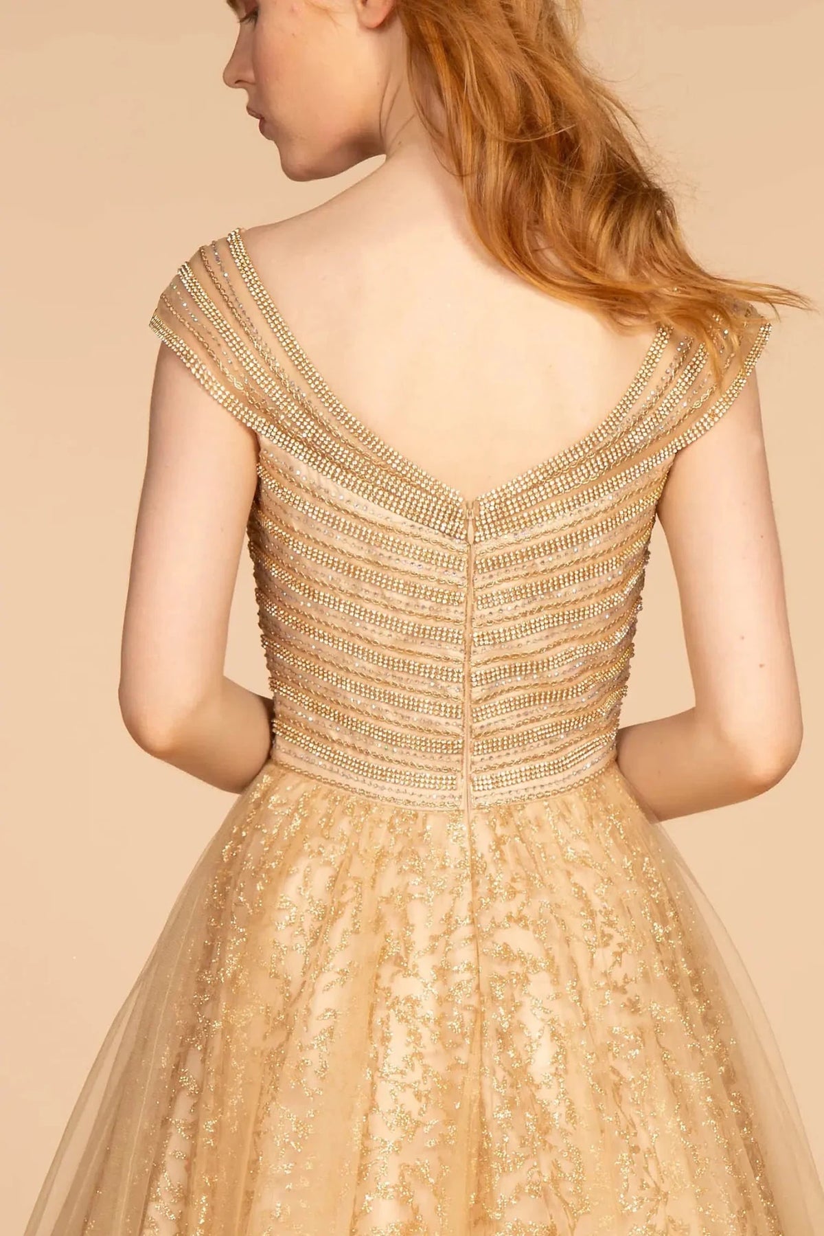 Gold prom evening dress a-line skirt detail