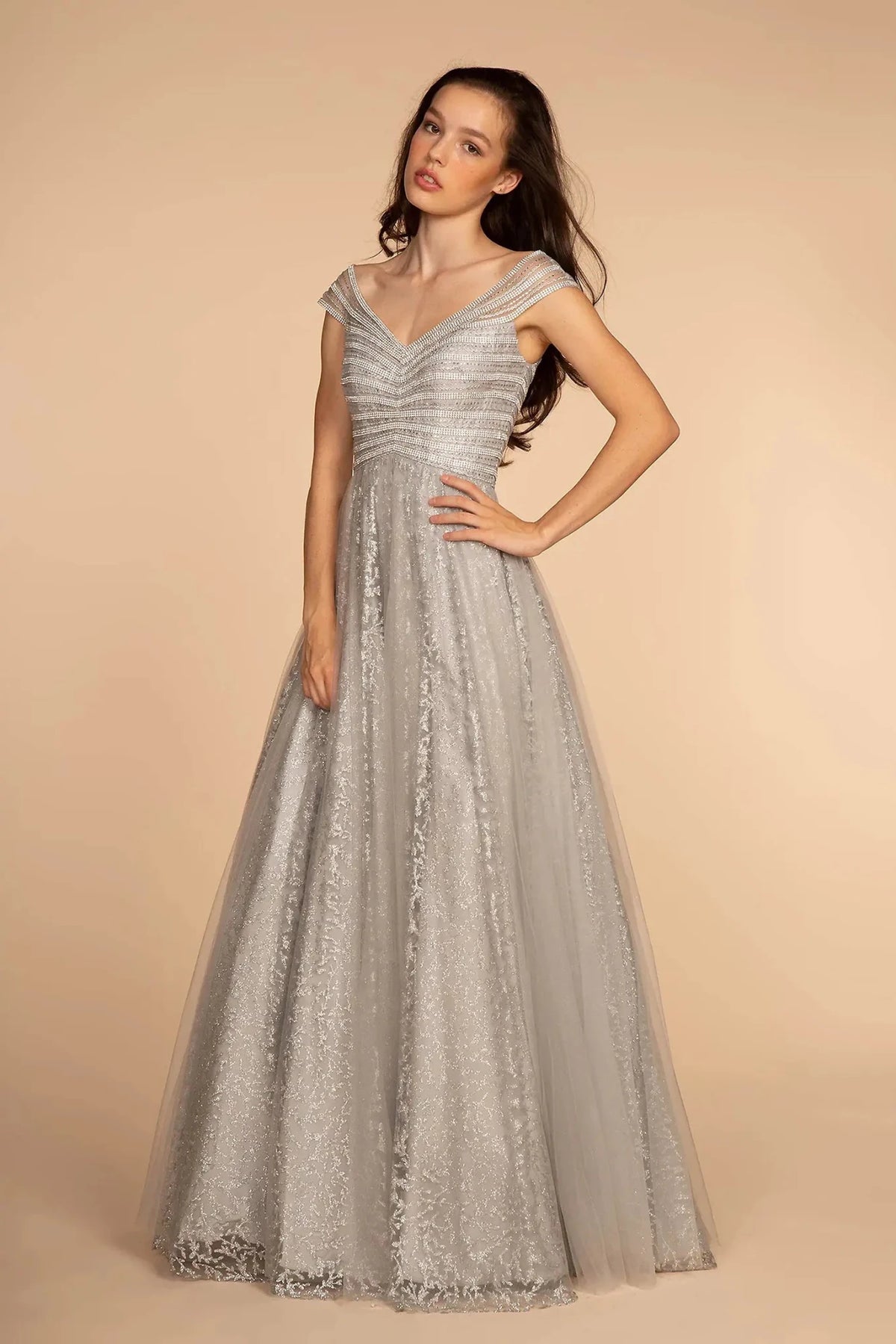 Silver beaded cap-sleeve prom evening dress full front