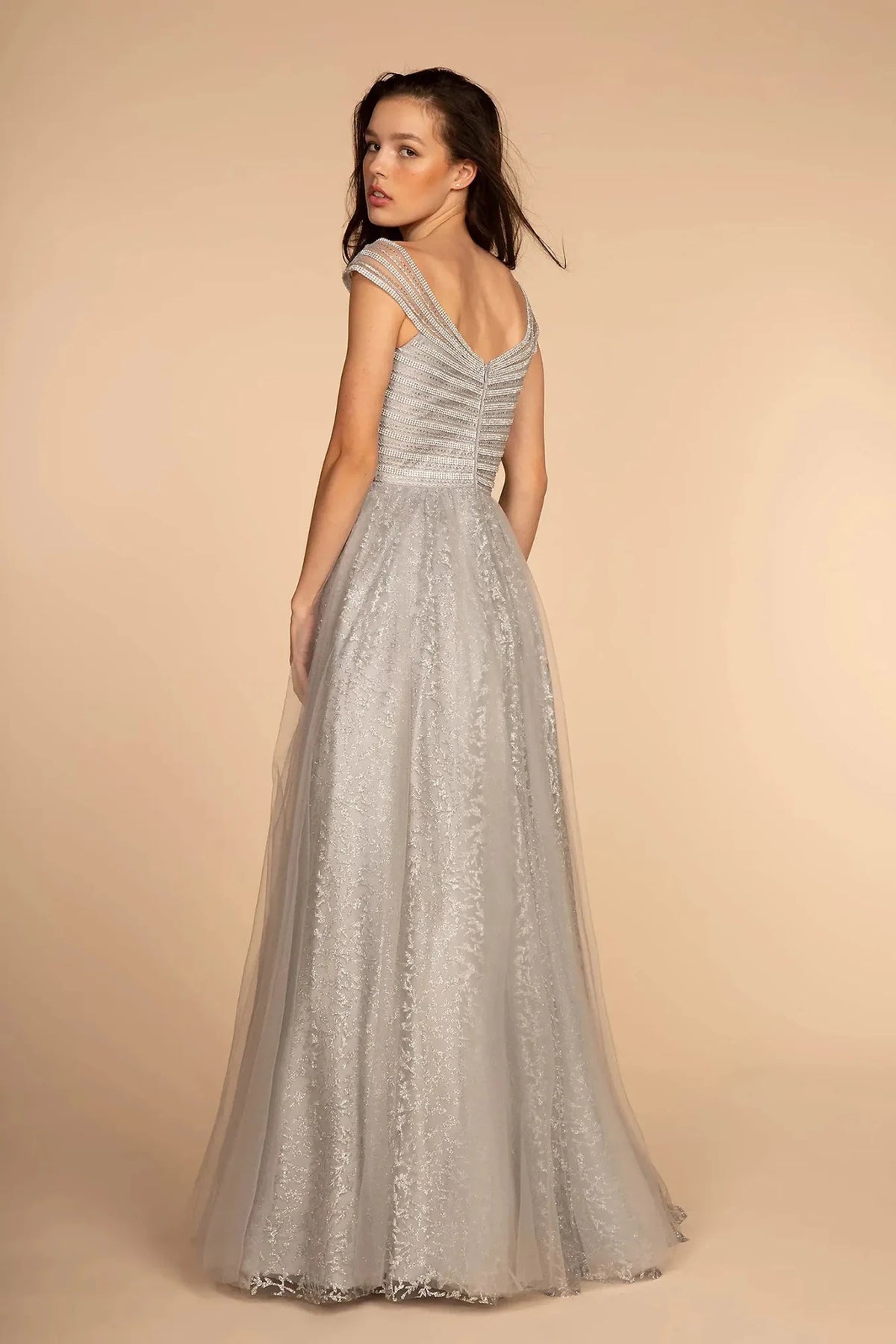 Silver prom evening dress full back with open back
