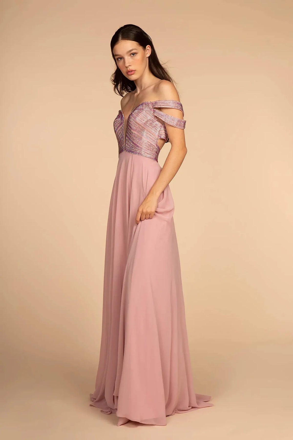 Mauve beaded prom evening dress full front