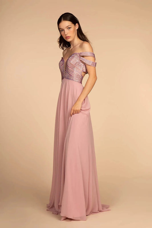Full-length front view shows beaded styling on the Mauve prom evening dress.