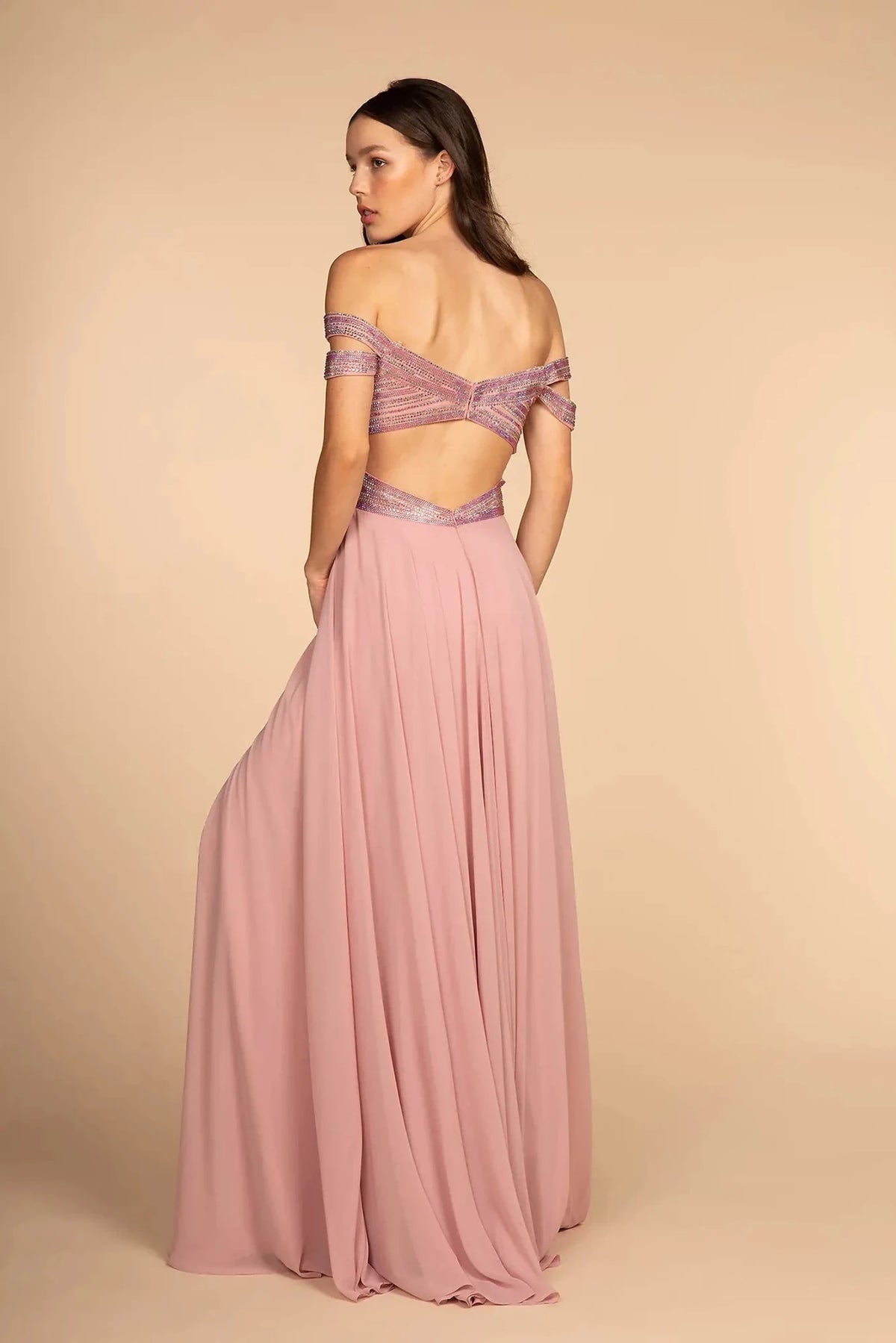 Mauve prom evening dress full back with back detail