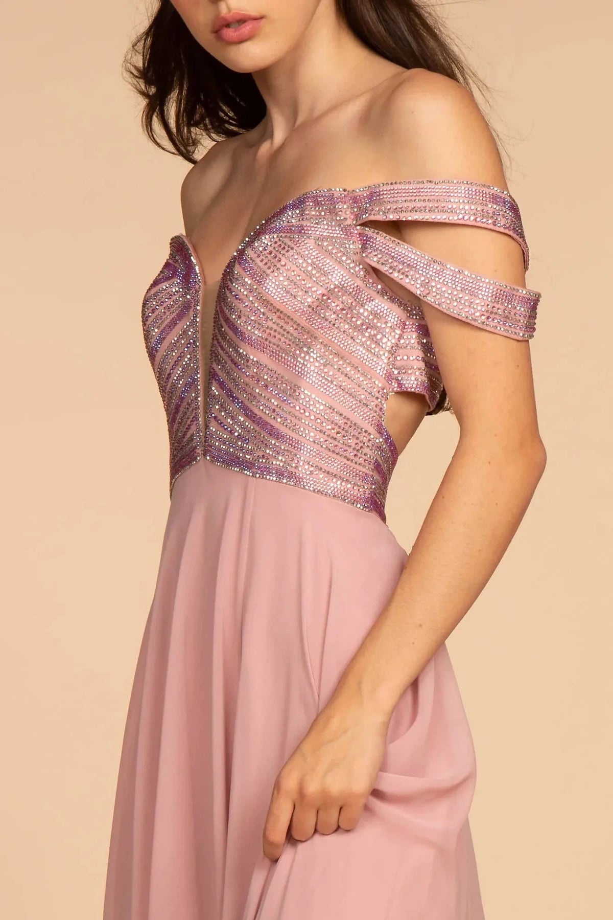 Mauve illusion v-neck prom evening dress upper front with jewel