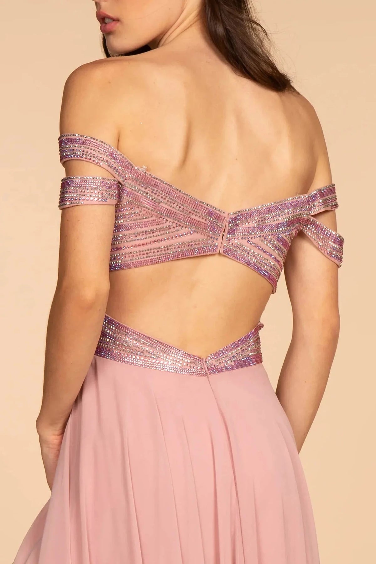 Mauve prom evening dress a-line skirt detail