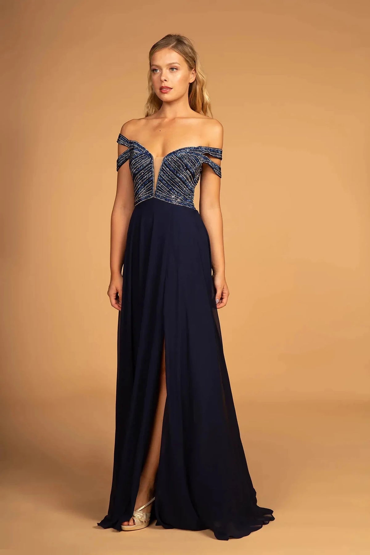 Navy beaded prom evening dress full front
