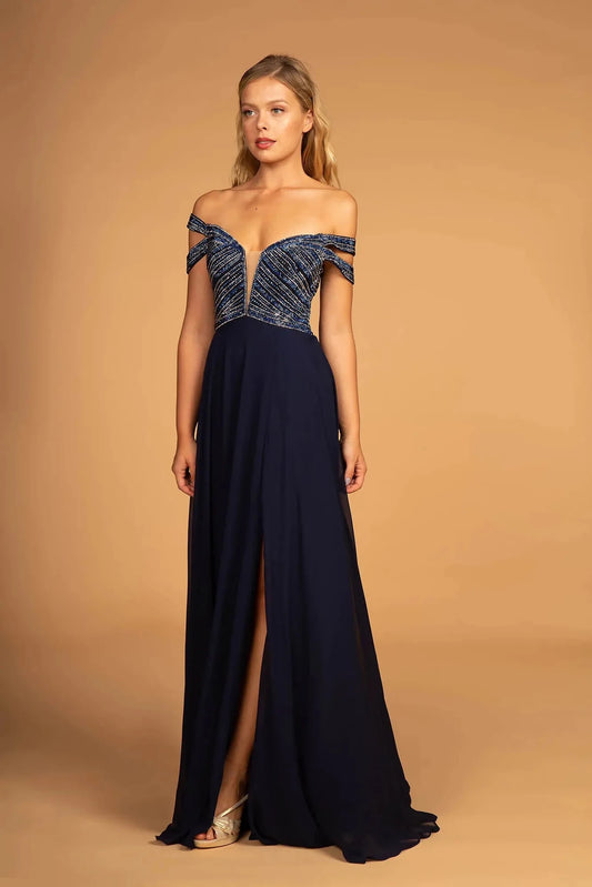 Full-length front view shows beaded styling on the Navy prom evening dress.