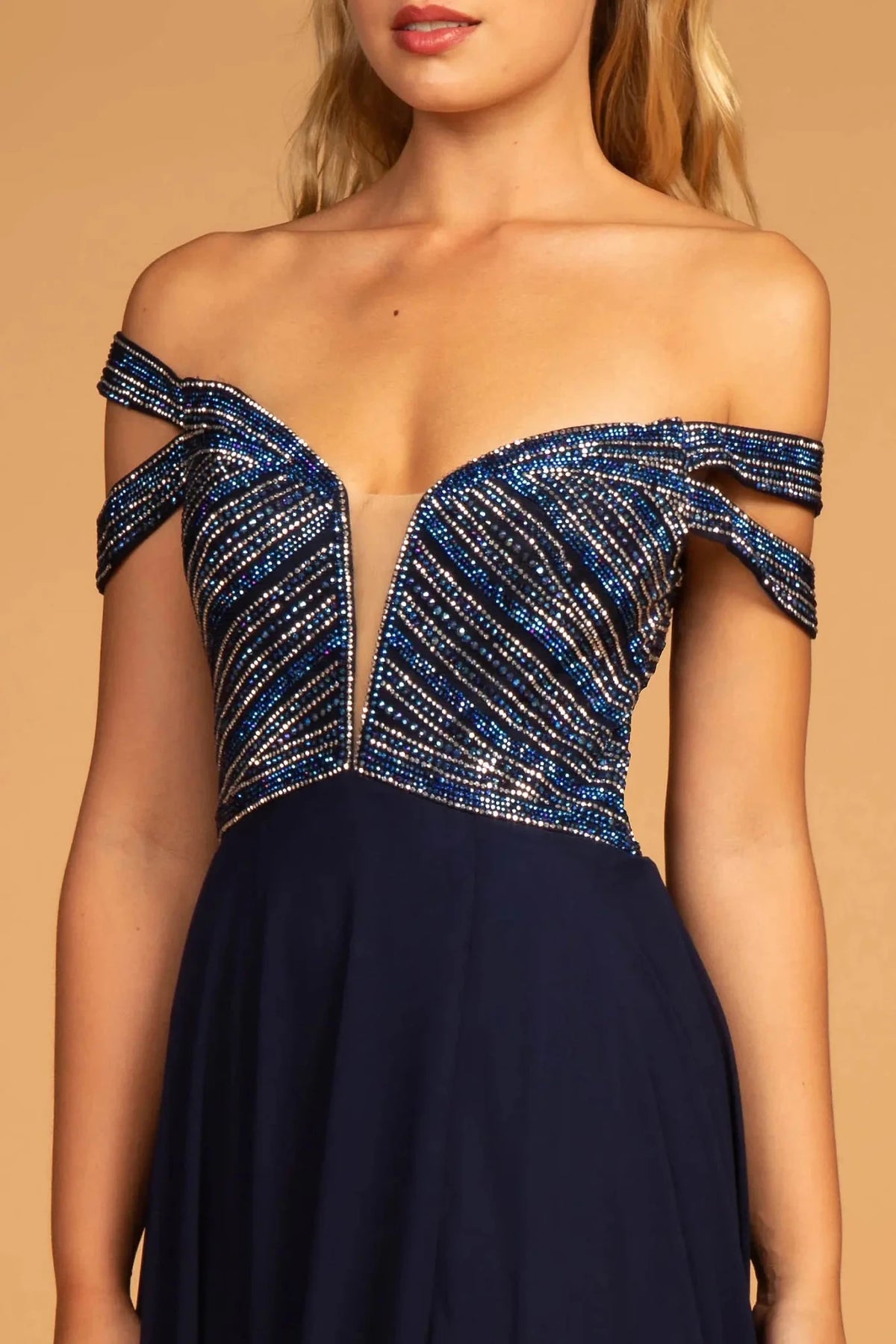 Navy illusion v-neck prom evening dress upper front with jewel