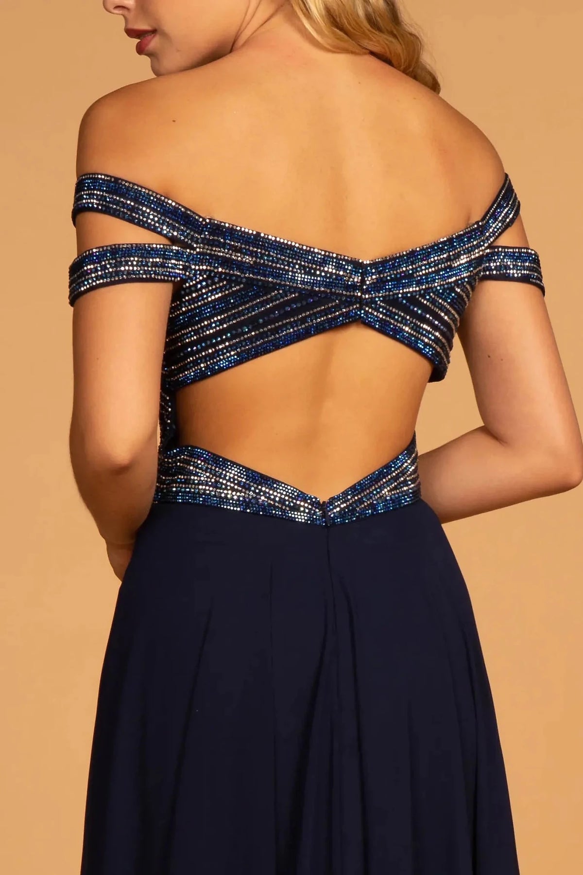 Navy prom evening dress a-line skirt detail