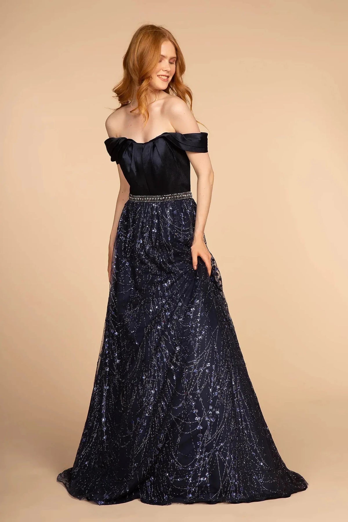 Navy beaded off-shoulder prom evening dress full front