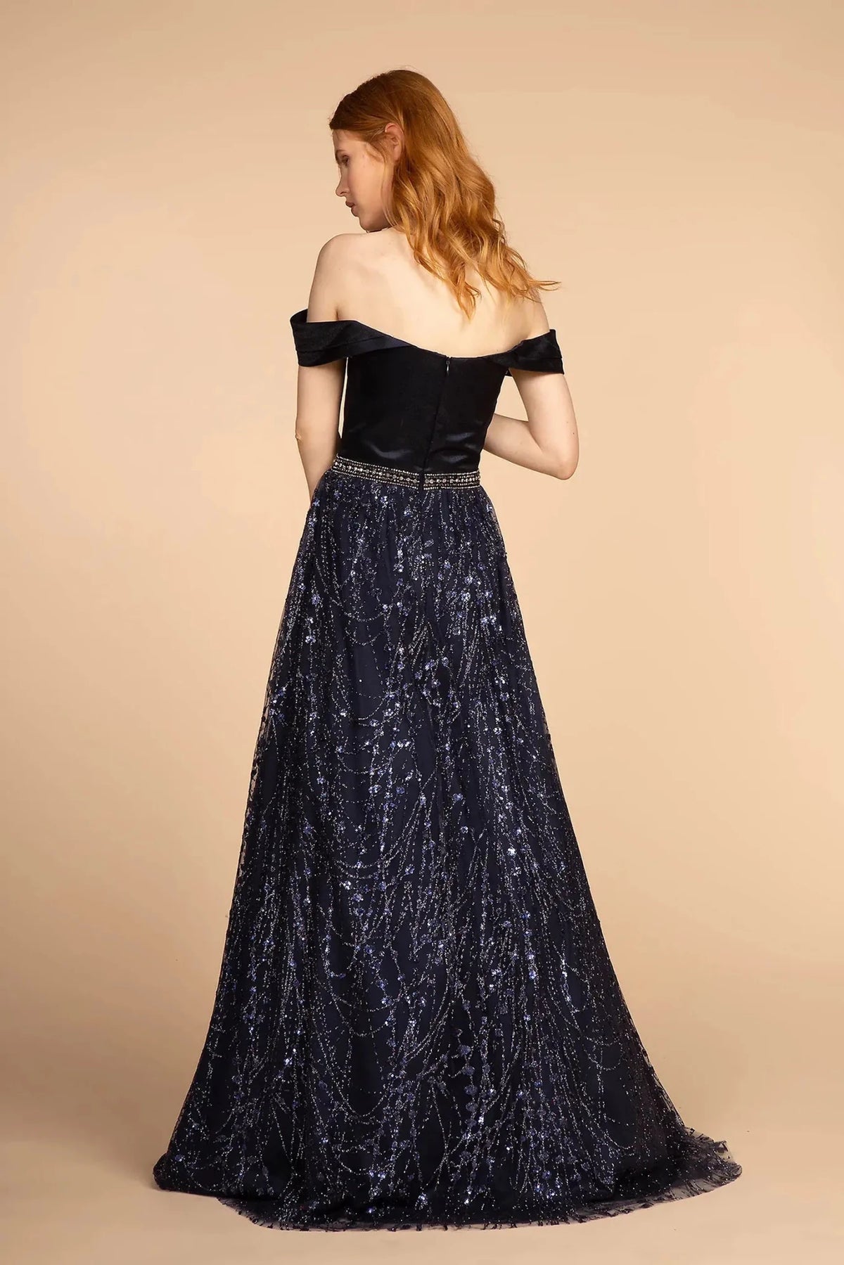 Navy prom evening dress full back with open back