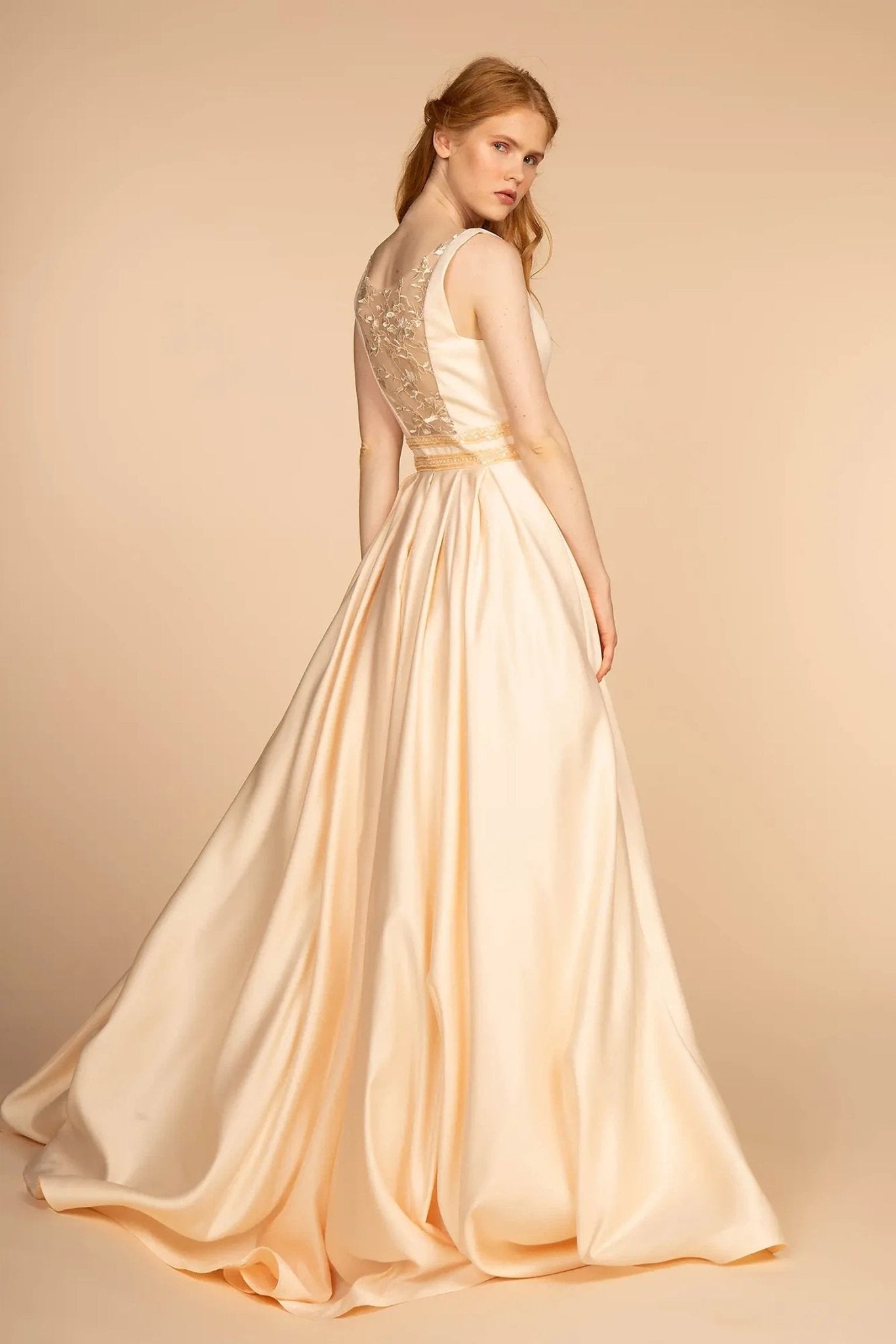 Champagne beading embroidery floral formal dress back bodice detail