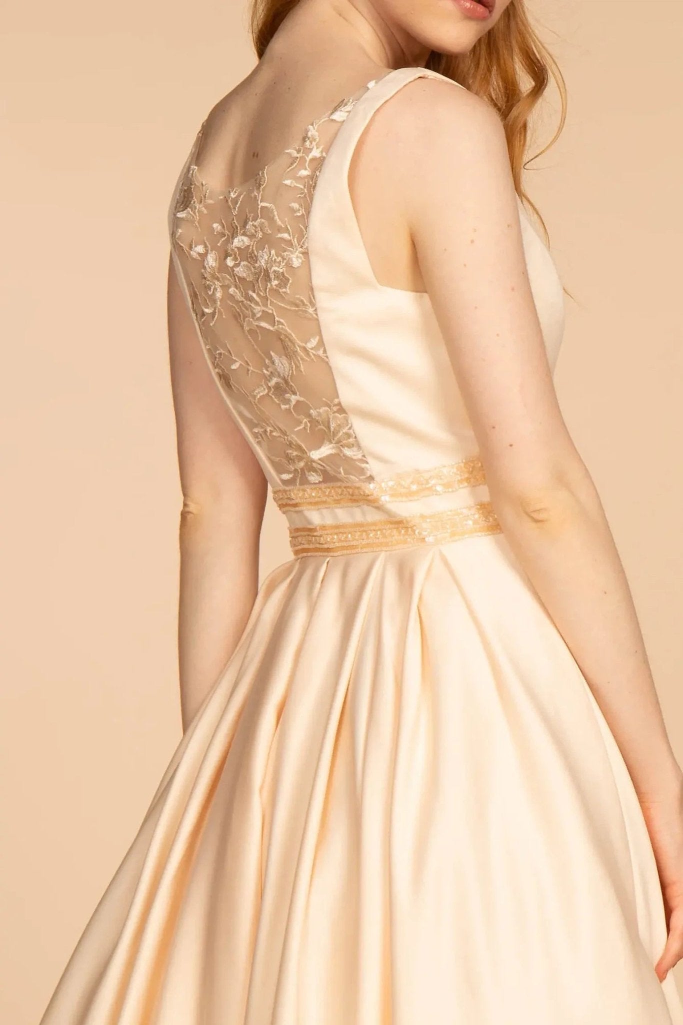 Champagne beading embroidery floral formal dress full front view