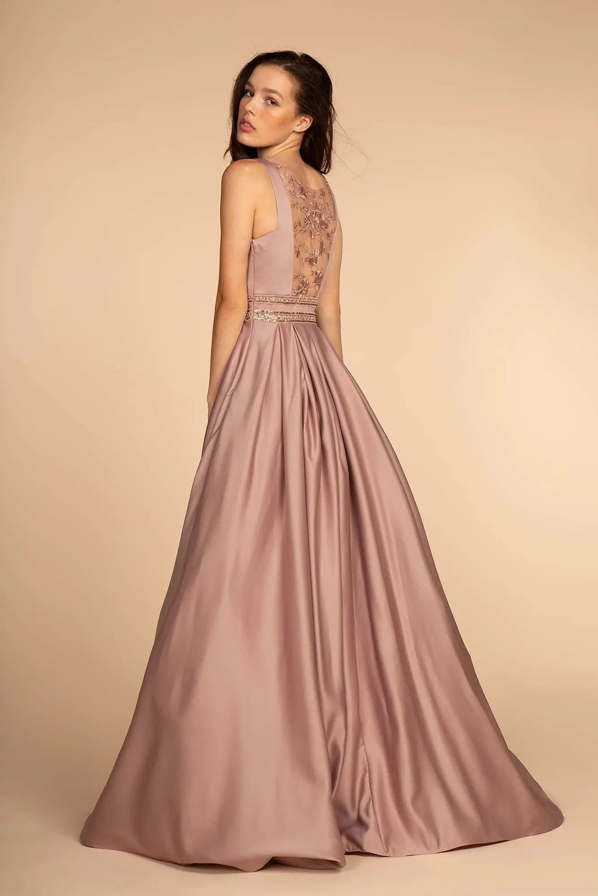 Mauve beading embroidery floral formal dress front bodice view
