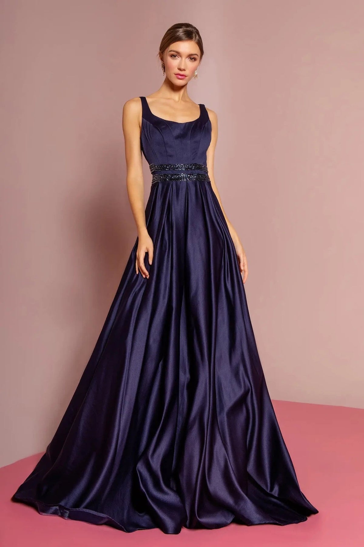Navy beading embroidery floral formal dress full front view