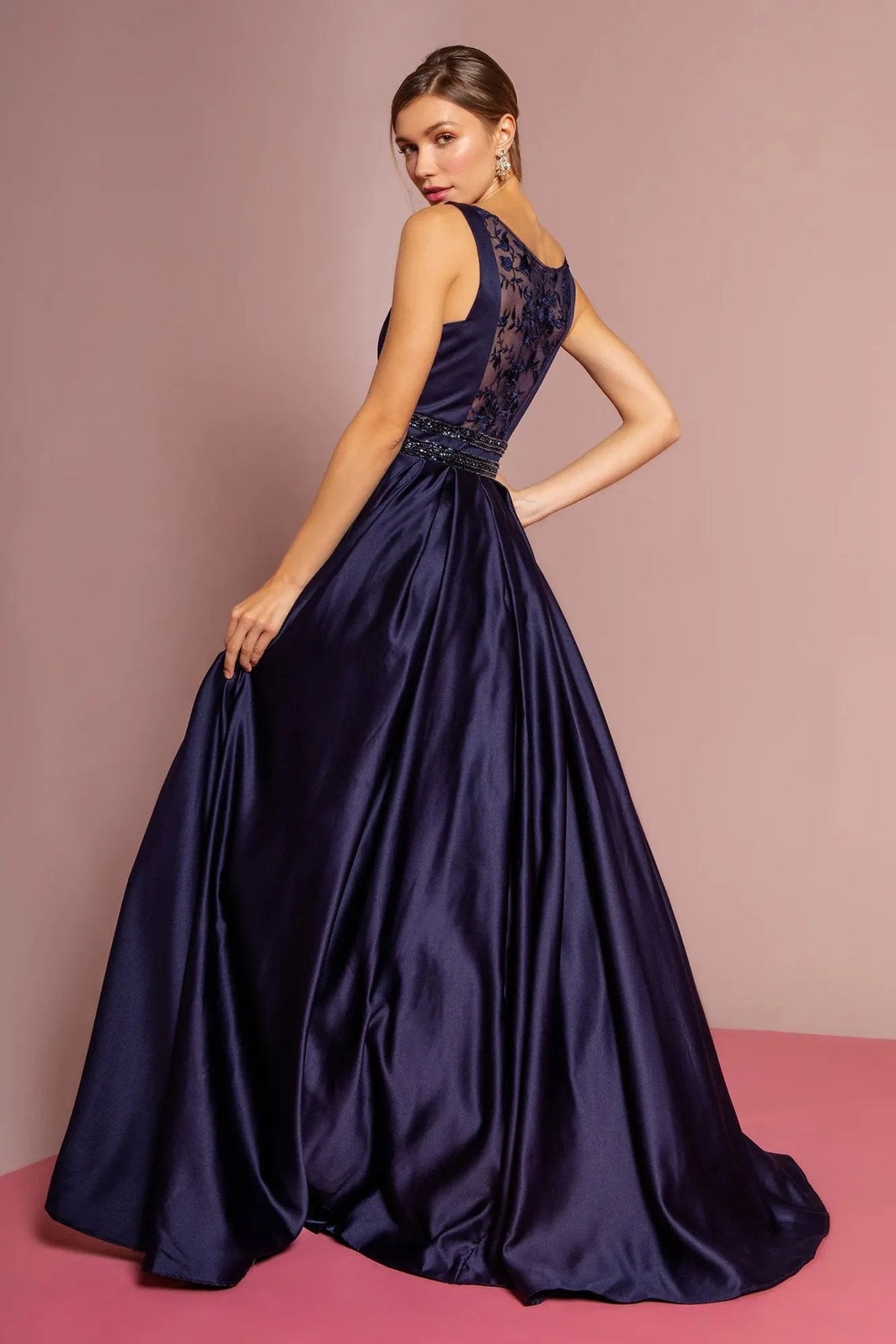 Navy beading embroidery floral formal dress detail