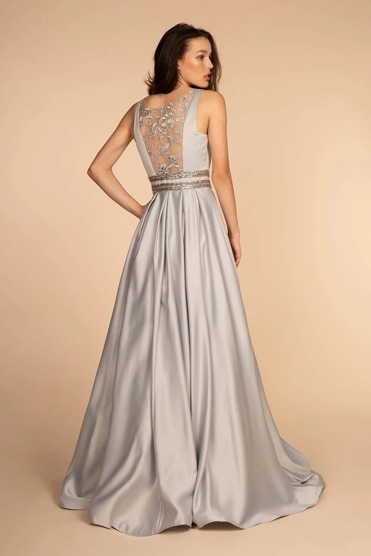 Silver beading embroidery floral formal dress full back view