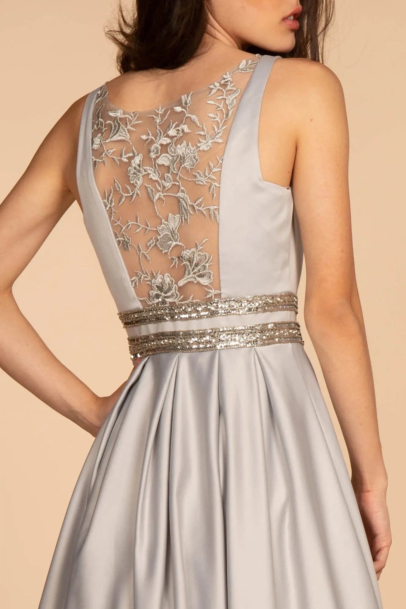 Silver beading embroidery floral formal dress back bodice detail