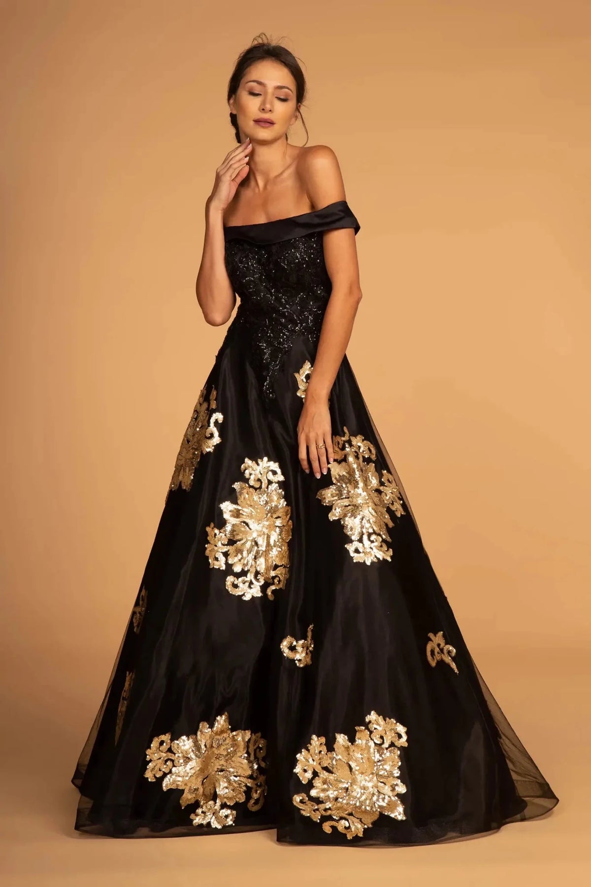 Black sequin off-shoulder prom evening dress full front