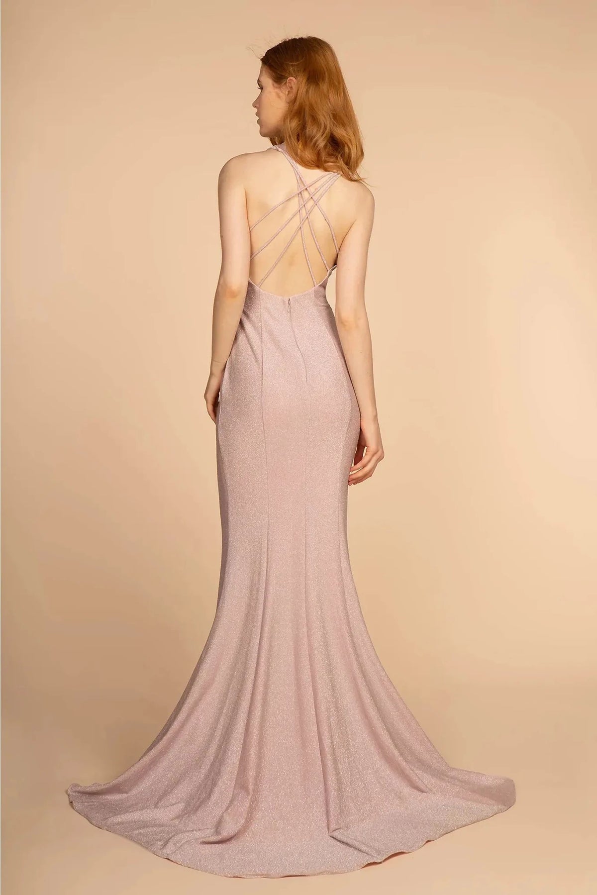 Blush prom evening dress full back with open back