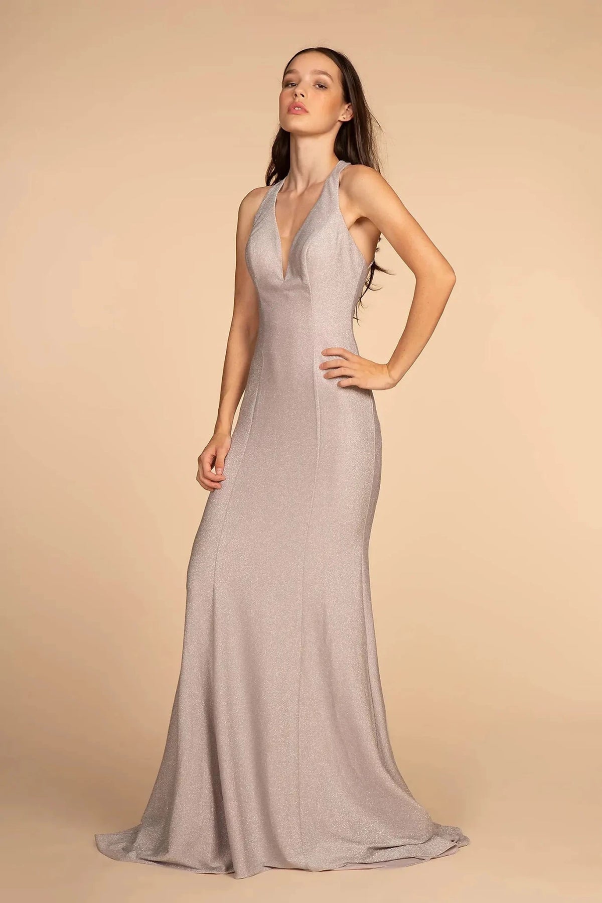 Silver glitter prom evening dress full front
