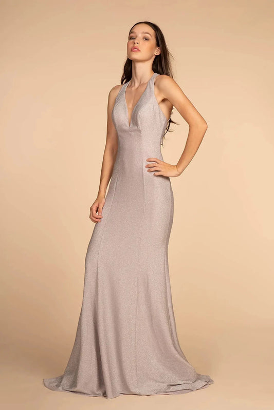 Full-length front view shows glitter styling on the Silver prom evening dress.