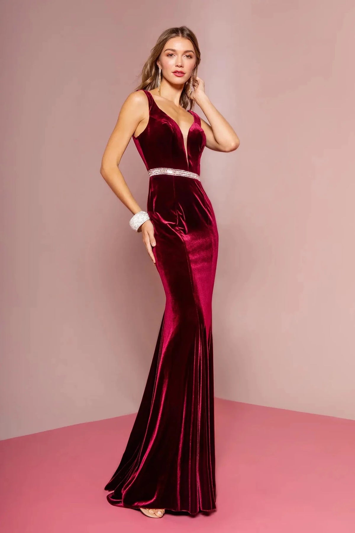 Burgundy beaded prom evening dress full front