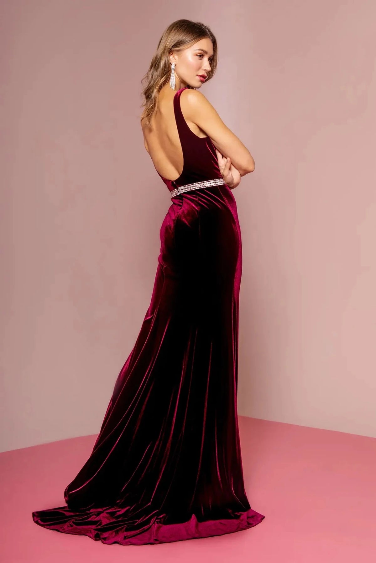 Burgundy prom evening dress full back with open back