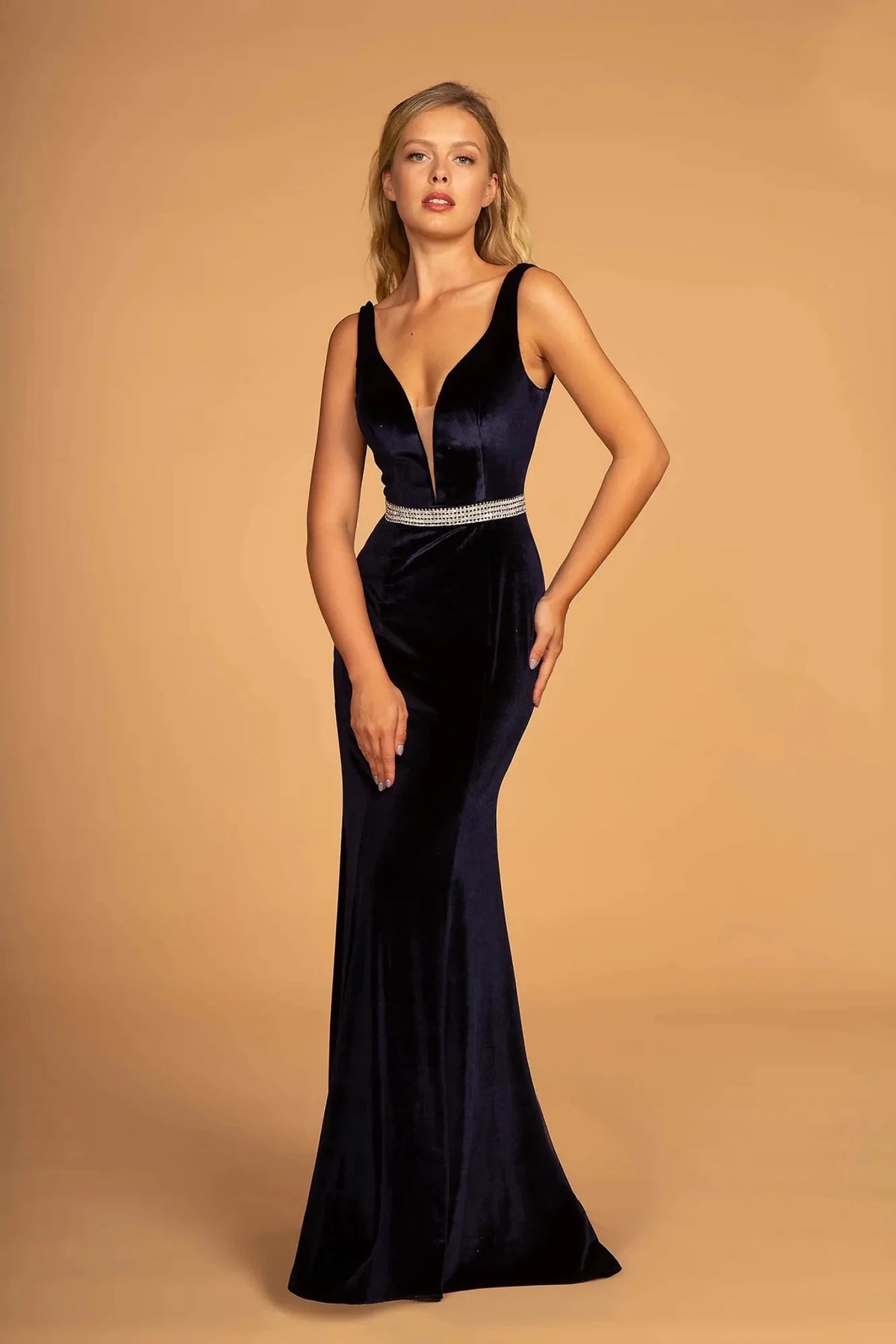 Navy beaded prom evening dress full front
