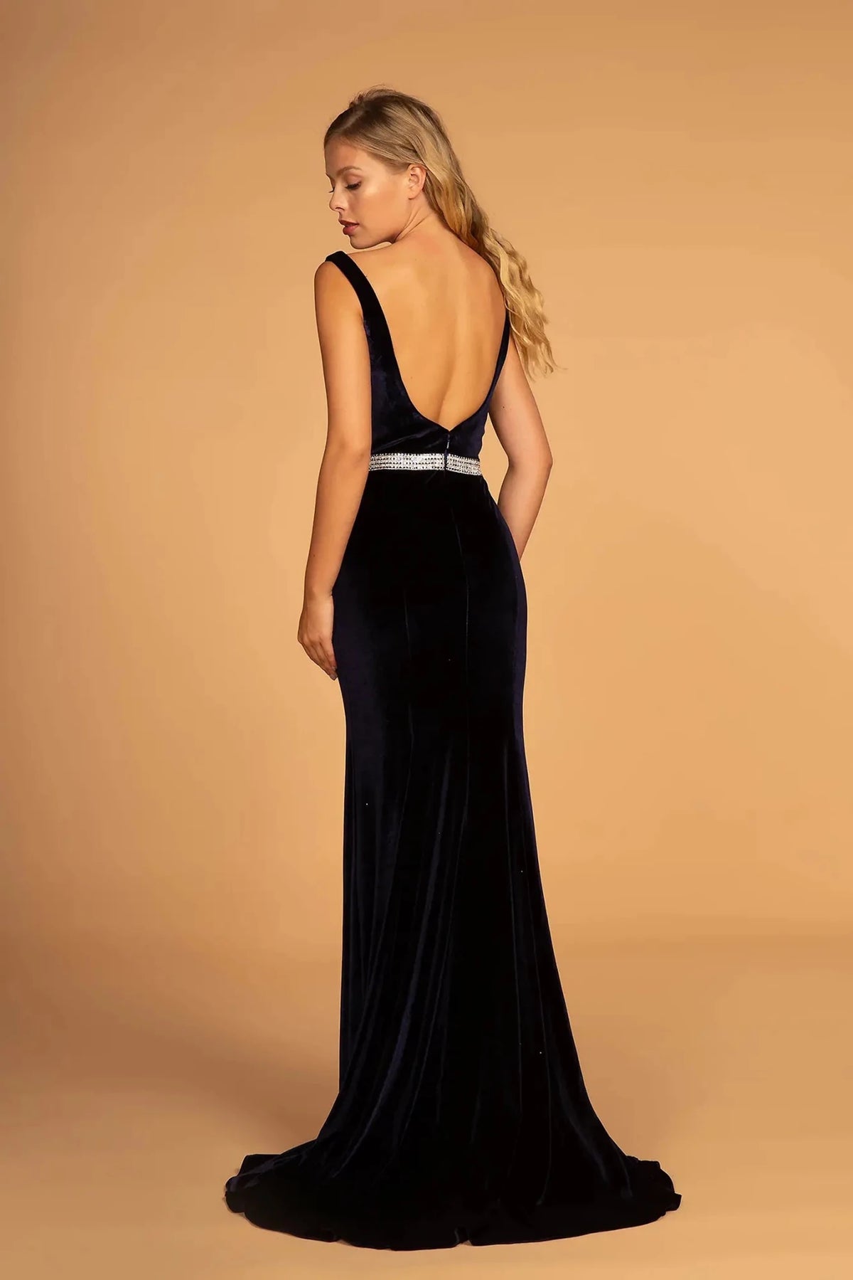 Navy prom evening dress full back with open back