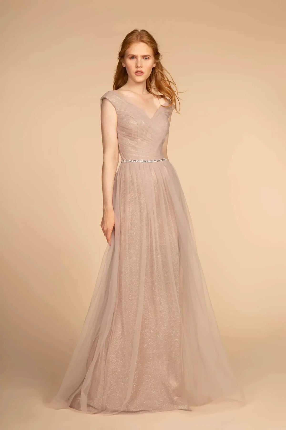 Mauve beaded prom evening dress full front