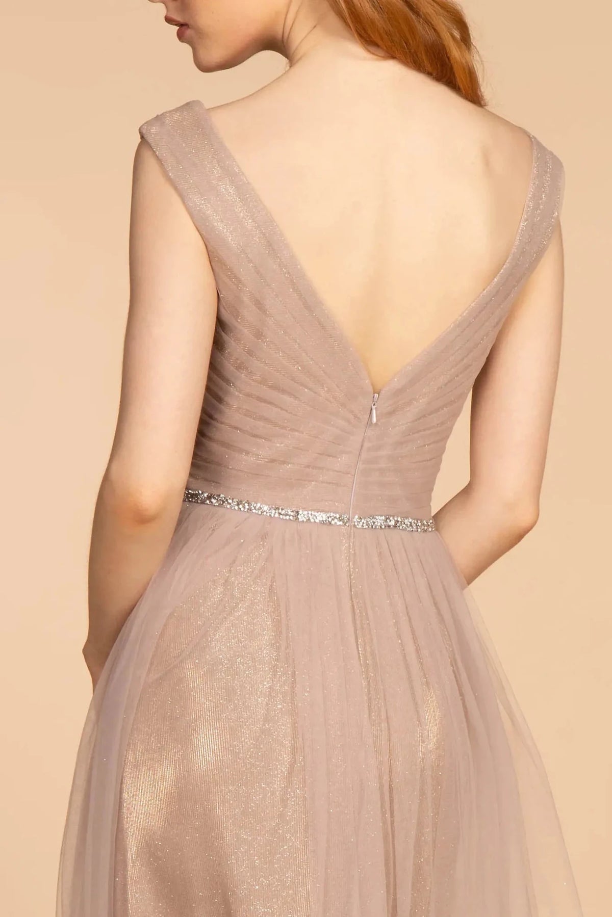 Mauve prom evening dress a-line skirt detail