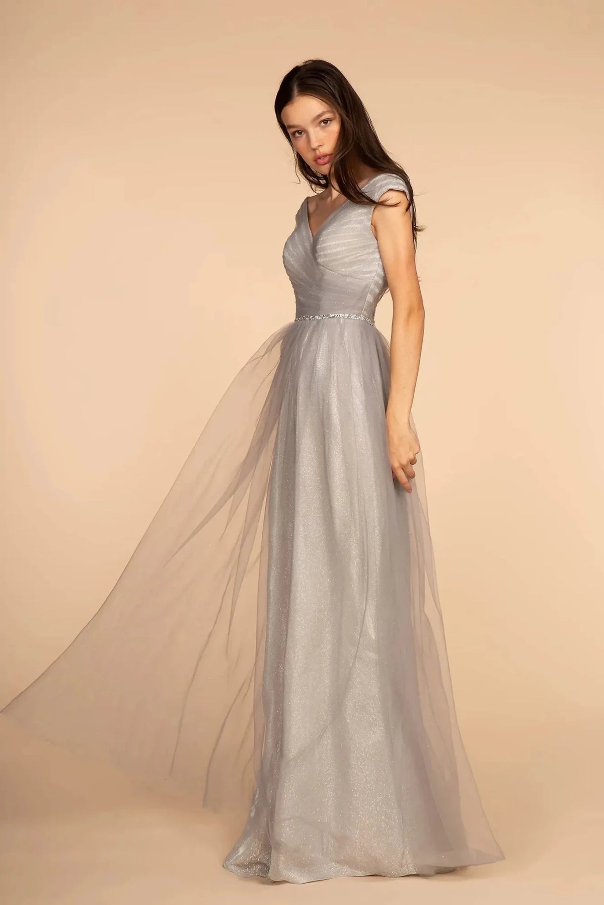 Silver beaded prom evening dress full front