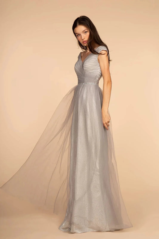 Full-length front view shows beaded styling on the Silver prom evening dress.