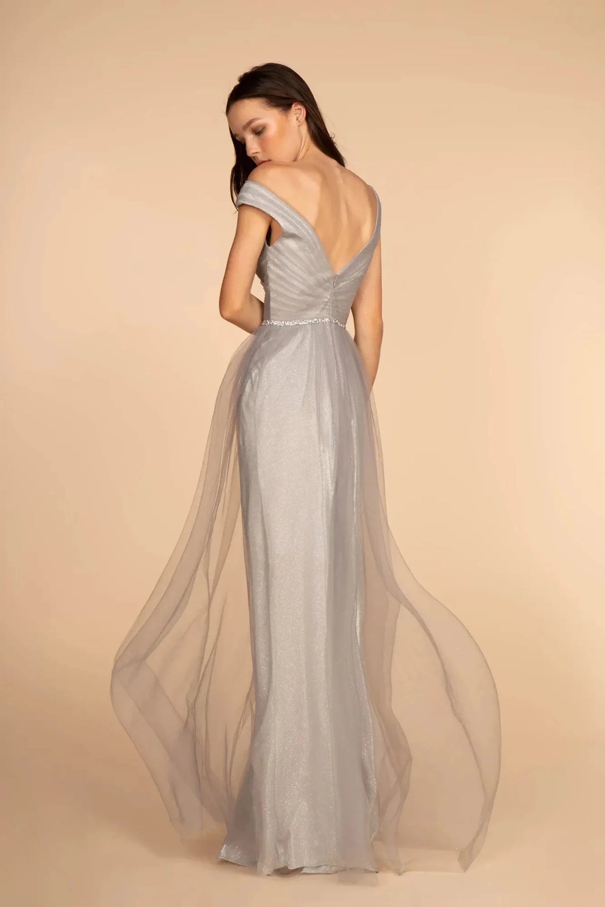 Silver prom evening dress full back with open back