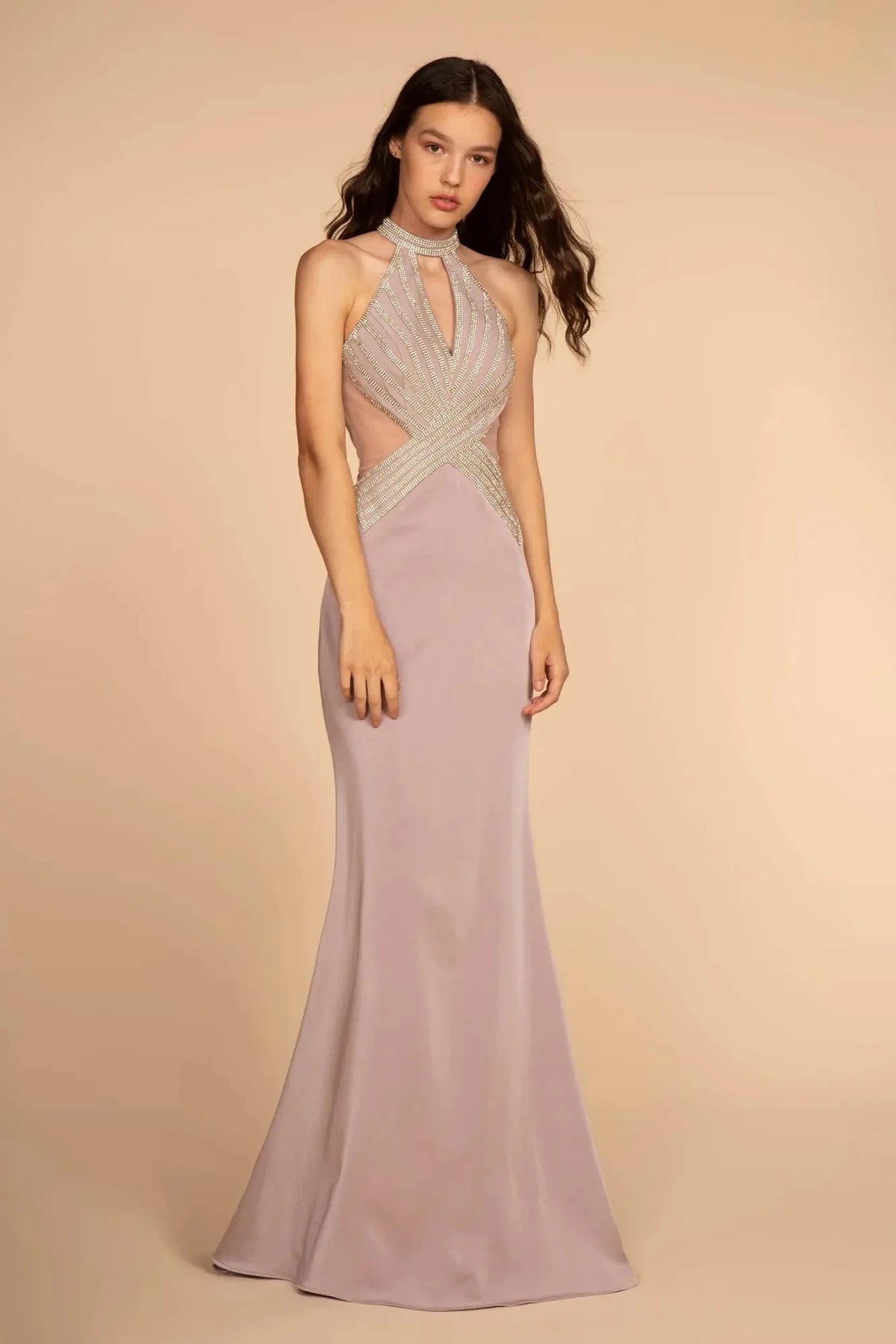 Mauve beaded prom evening dress full front