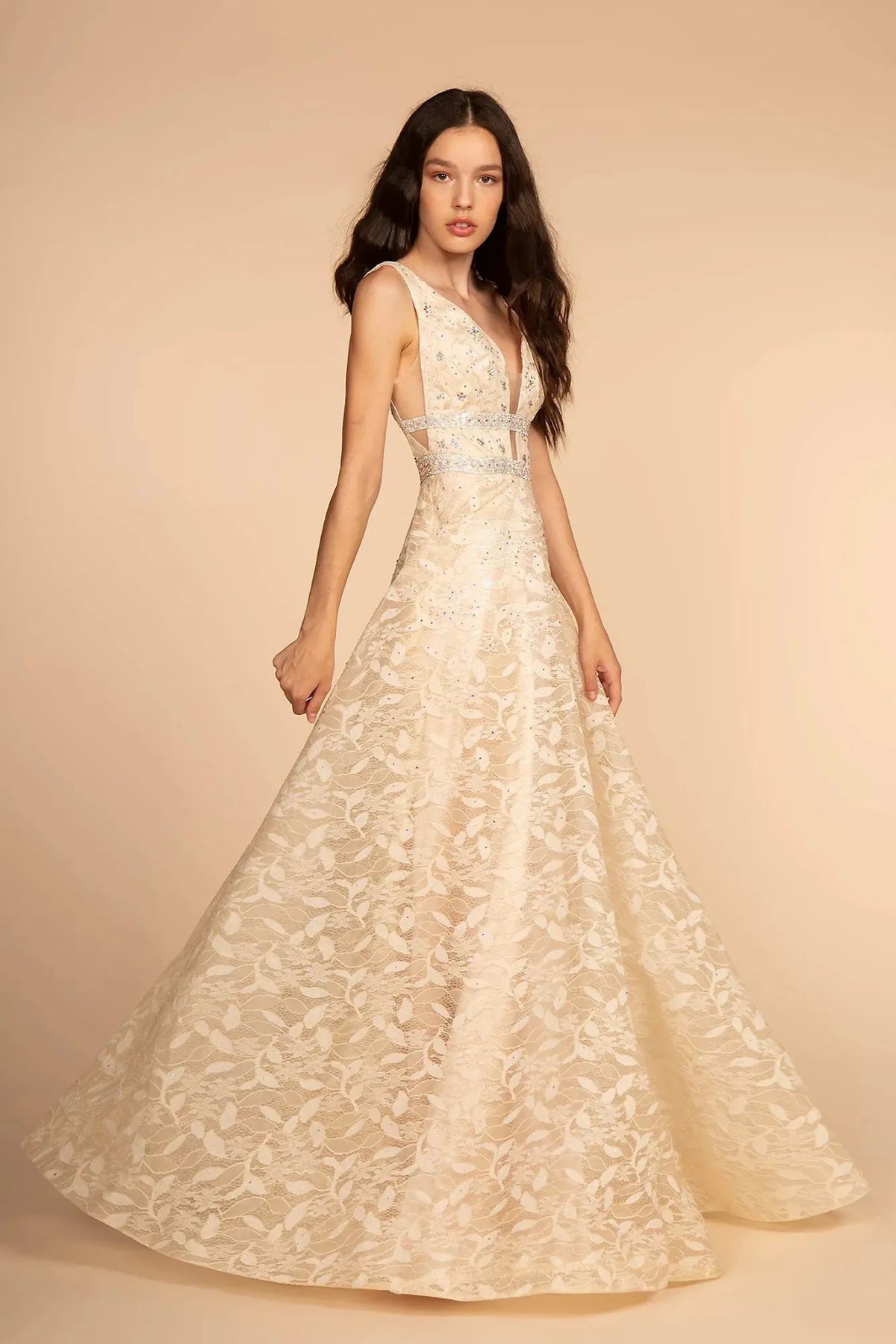 Champagne beaded prom evening dress full front