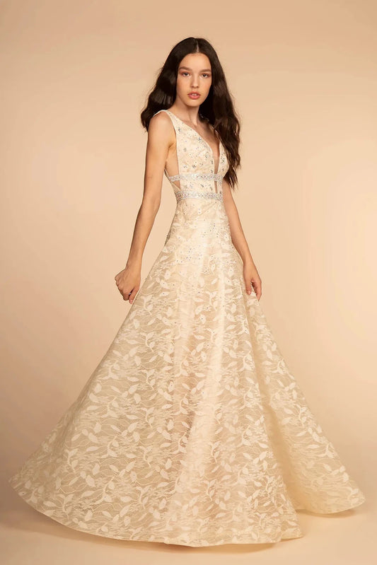 Full-length front view shows beaded styling on the Champagne prom evening dress.