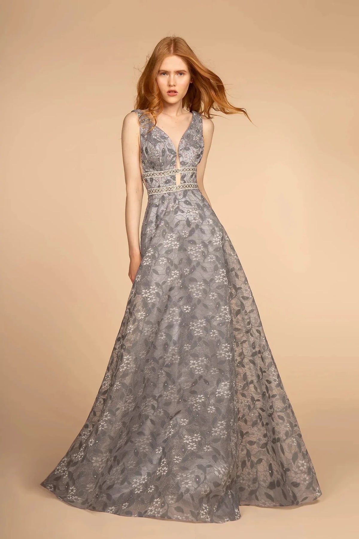 Dark Gray beaded prom evening dress full front