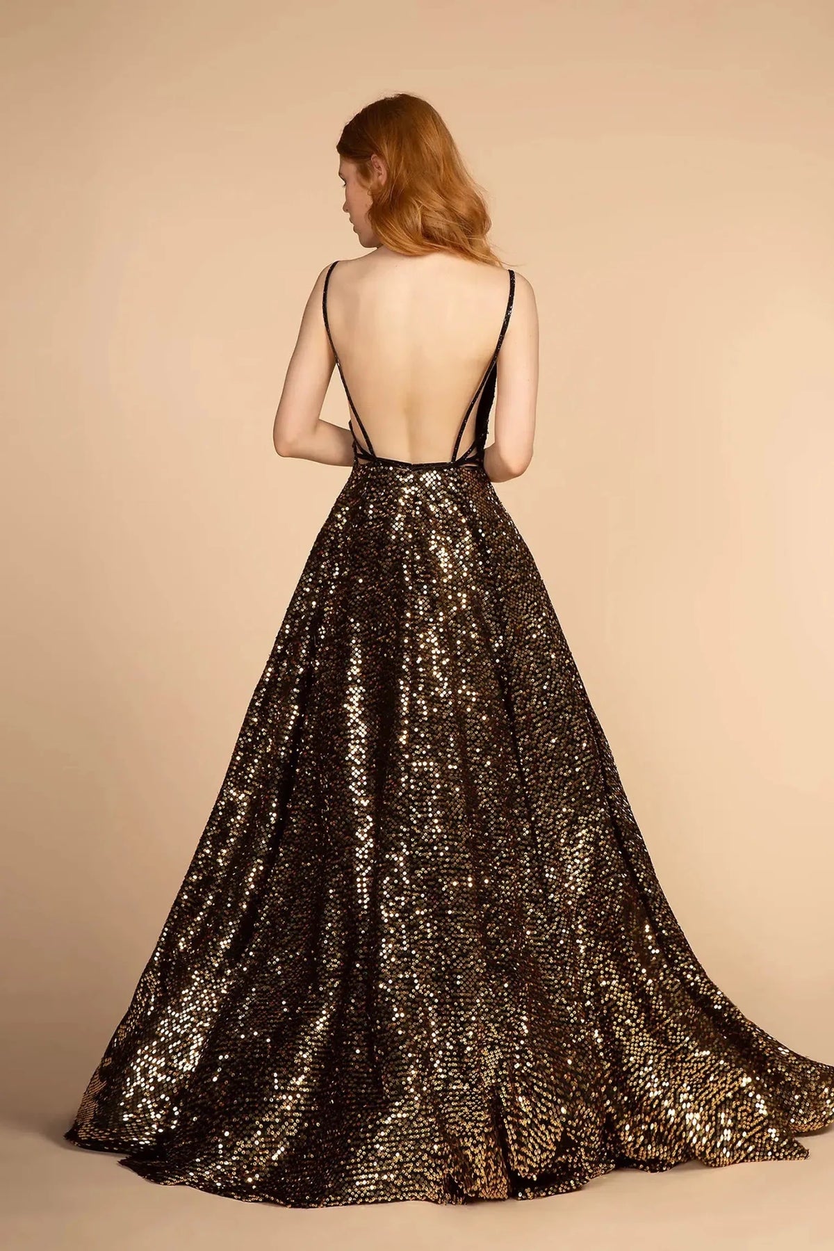Gold prom evening dress full back with open back