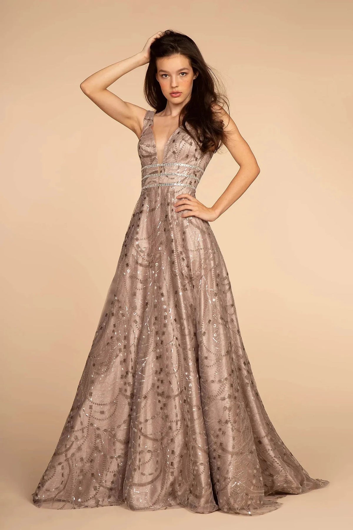 Mauve beaded prom evening dress full front