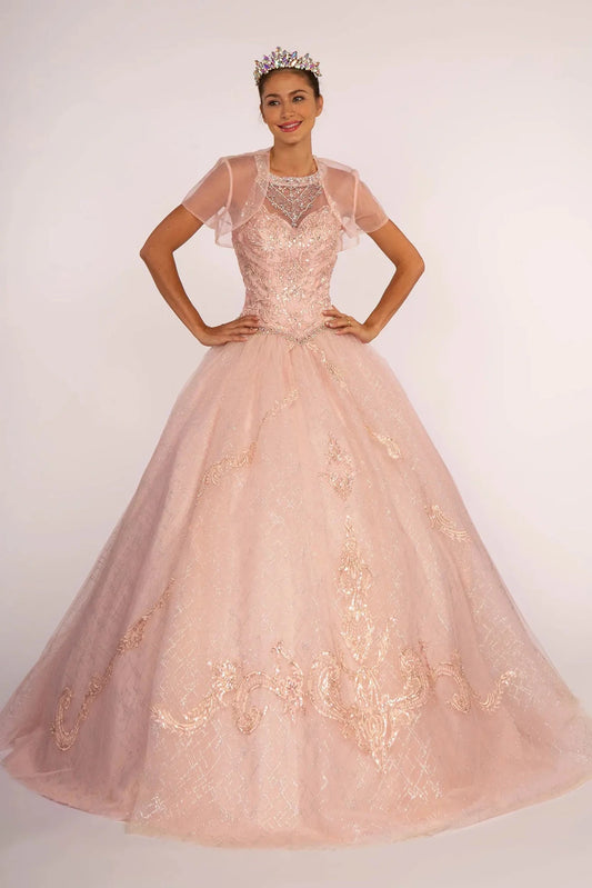 The Blush quinceañera ball gown appears head to toe with a sheer bolero over a jeweled high-neck bodice and A-line skirt.