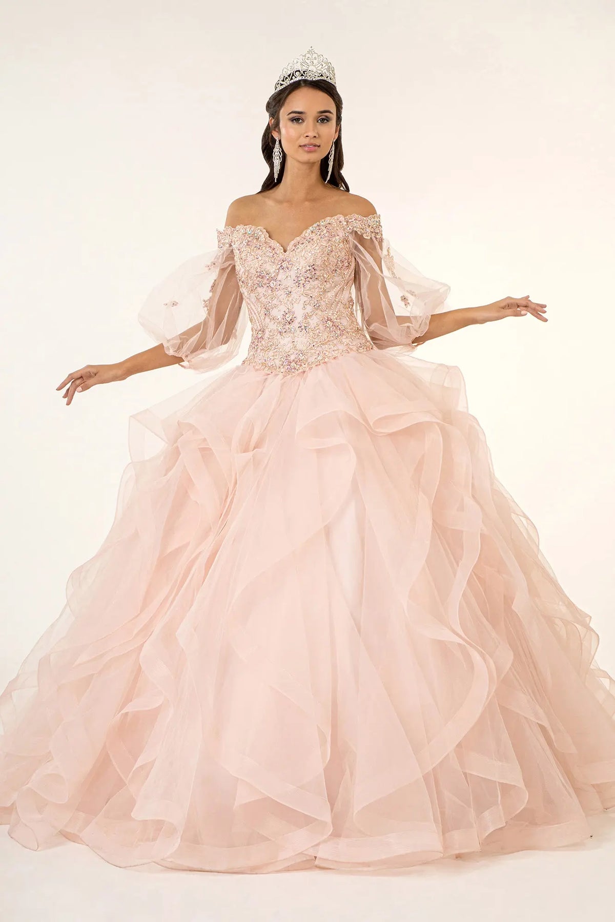 Lace-up back reveals the Blush quinceañera ball gown with lace-up back and jeweled sweetheart bodice.