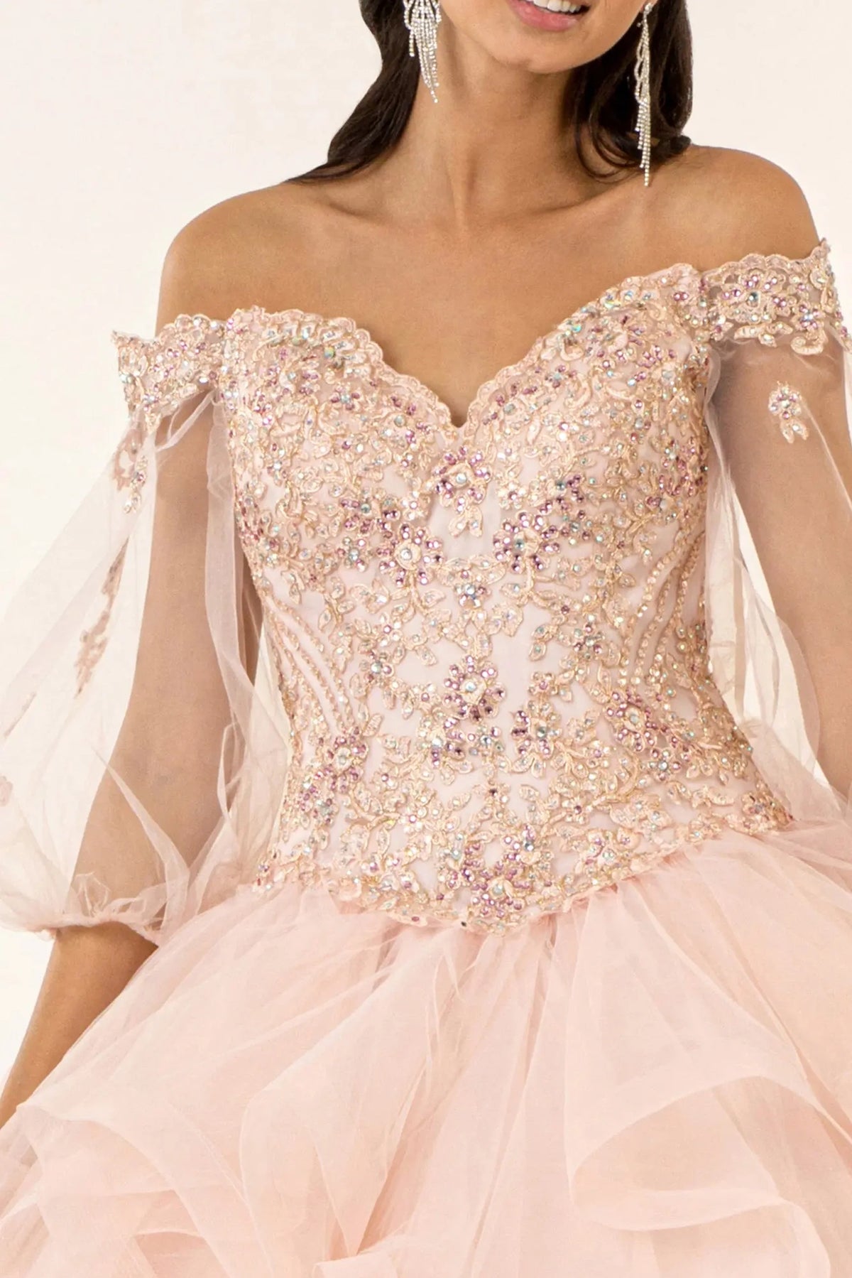 Bodice close-up highlights the Blush quinceañera ball gown with jeweled sweetheart bodice.