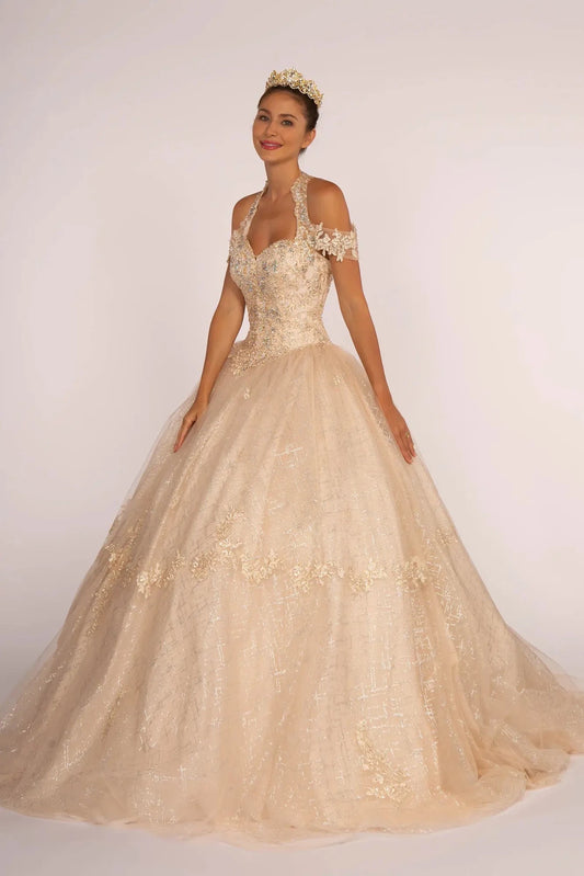 Full-length Champagne quinceañera ball gown showcases floral off-shoulder straps and glittering champagne tulle.