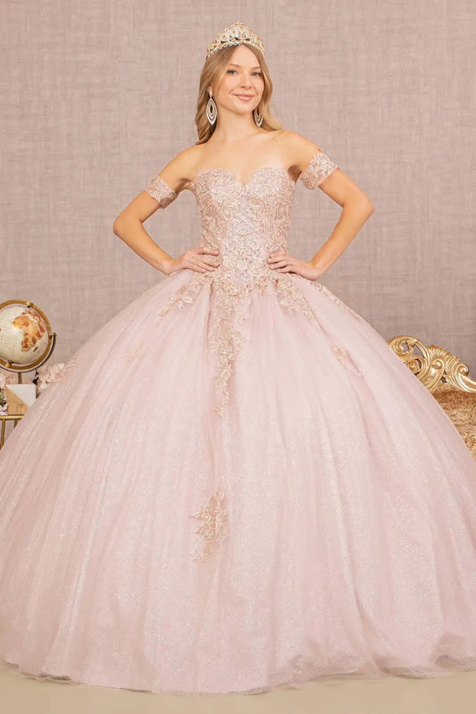 Sweeping Mauve quinceañera ball gown is shown in full with an off-shoulder sweetheart bodice and softly glittered ball skirt.