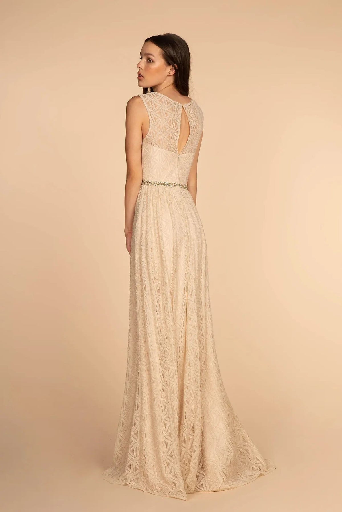 Champagne beading embellished formal dress full back view