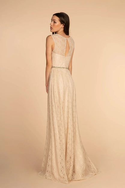 Rear view reveals champagne beading embellished formal dress.