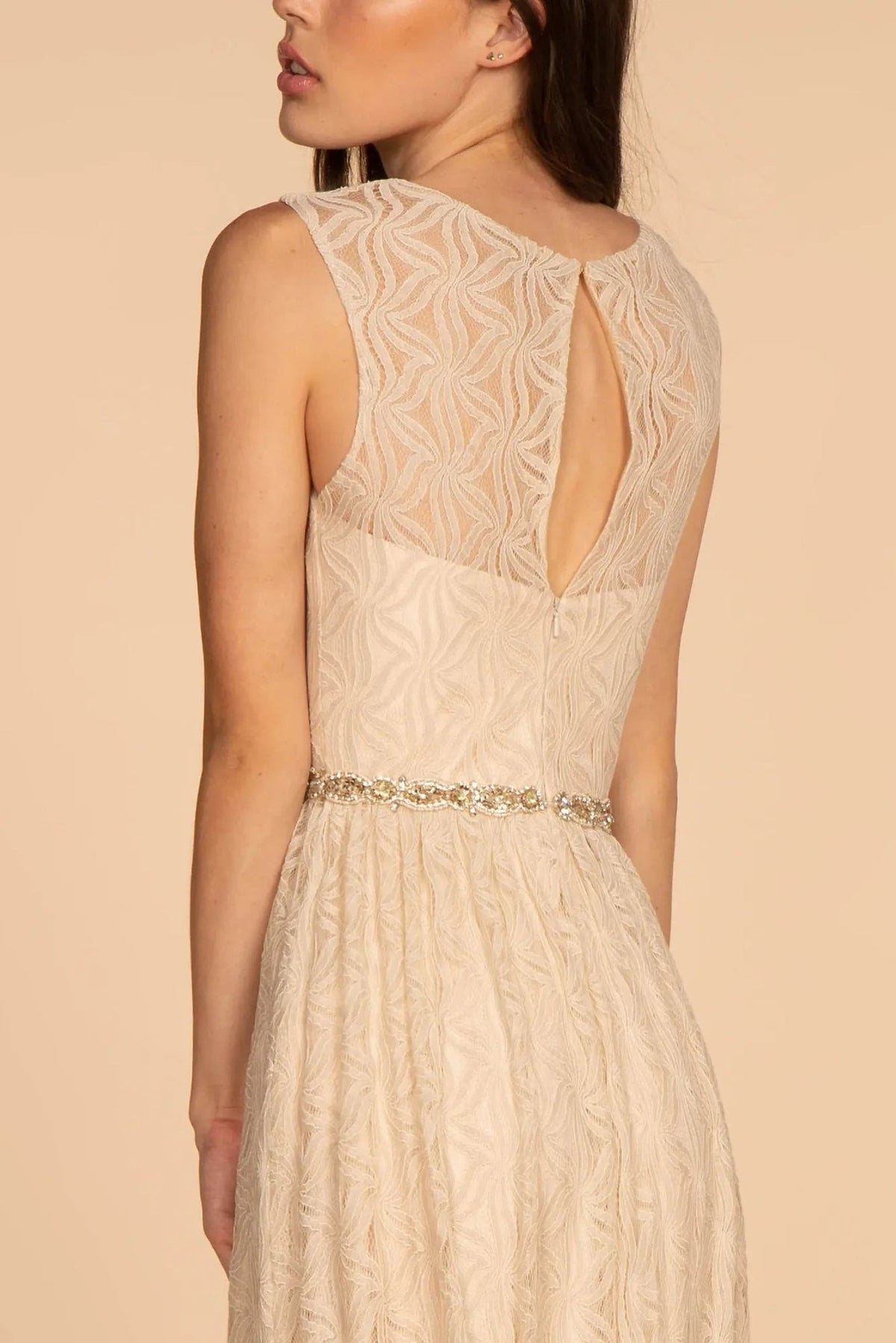 Champagne beading embellished formal dress front bodice view