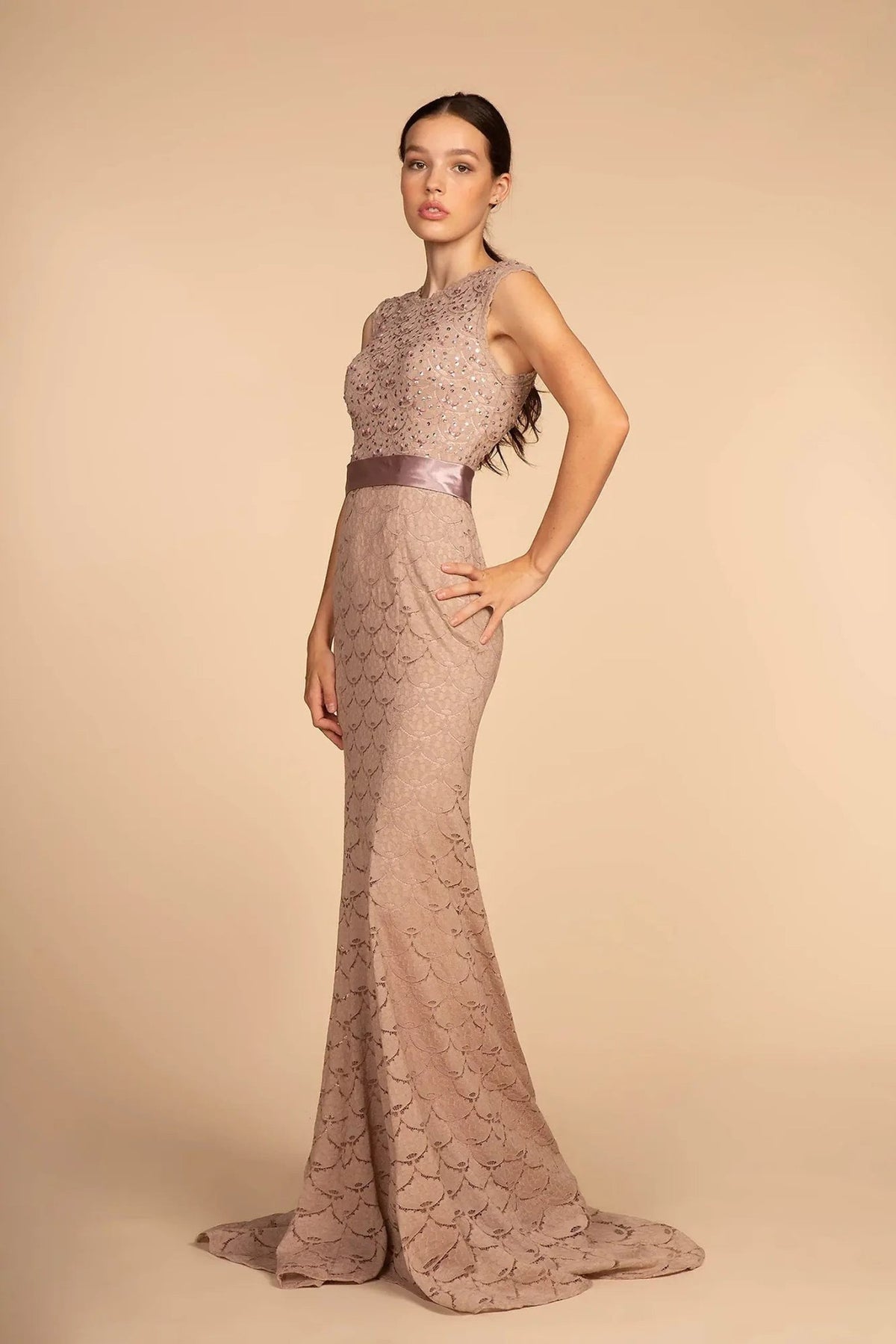 Mauve embellished sequins formal dress full front view